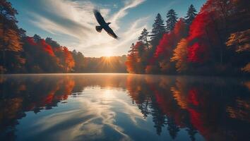 Eagle Flies Over Lake with Autumn Trees at Sunset photo