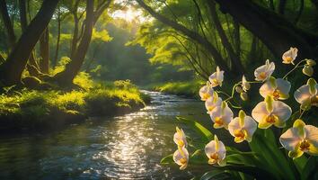 Orchid Flower by Stream with Sunlight Through Trees photo