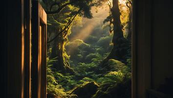 Lush Green Forest View Through Open Door photo