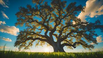 Majestic Tree Under a Blue Sky with Grass photo