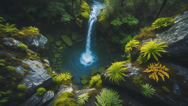 Waterfall Surrounded by Ferns and Rocks photo