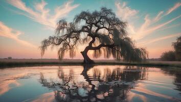 Weeping Willow Tree Reflecting in Water at Sunset photo