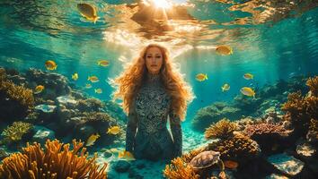 Woman in Ocean with Coral Reef and Fish photo