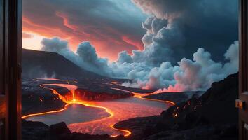 Lava Flowing From Volcano Landscape View From Open Door photo