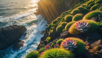 Ocean Cliff with Succulents and Sunlight photo