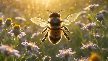 Bee Flying in Meadow of Flowers with Sunlight photo
