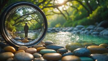 Person on River Bank Viewed Through Lens photo