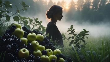Woman with Apple and Blackberry in Foggy Field at Sunrise photo