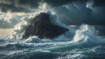 Ocean Wave Crashing on Rock Formation photo
