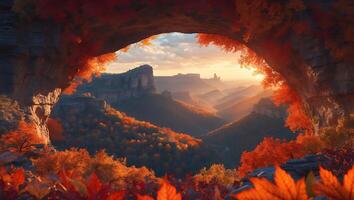 Canyon View Through Rock Arch with Autumn Trees photo