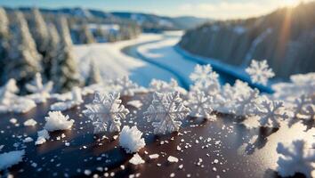 Snowflake on Surface with Frozen River in Background photo