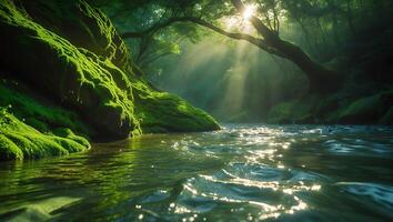 River Through Green Mossy Forest with Sunlit Rays photo