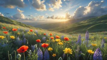 Flower Meadow at Sunset Over Rolling Hills photo