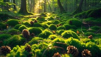 Forest Floor with Moss and Pine Cone in Sunlight photo