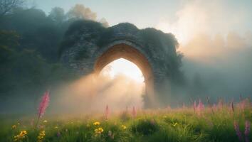 Stone Arch in Foggy Field with Flower photo
