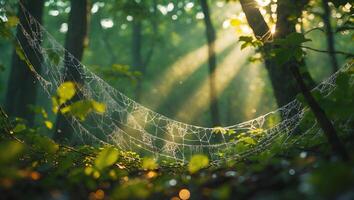 Spiderweb with Dew in Forest During Sunrise photo