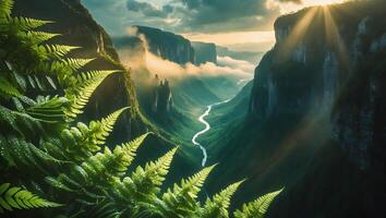 Beautiful Canyon with River, Ferns and Sunlight photo