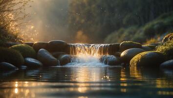 Small Waterfall Over Rocks with Moss in River photo