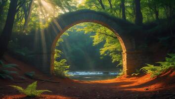 Stone Arch in Forest with Sunlight and Flowing Water Stream photo