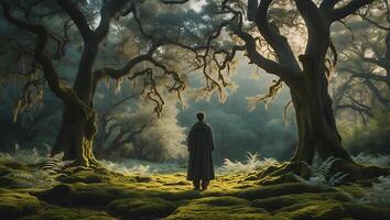Person in Cloak Walking Through Forest Landscape photo