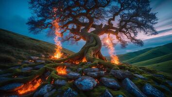 Majestic Tree on Fire in Green Hills Landscape photo