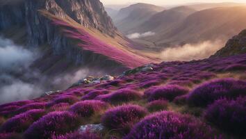 Purple Heather Bloom in Mountain Valley Landscape photo
