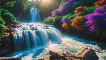 Cascading Waterfall with Colorful Foliage in Sunlight photo