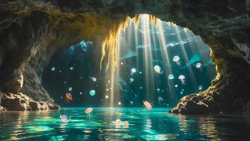 Jellyfish in Ocean Cave with Sunlight photo