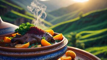 Tagine Dish with Meat Oranges and Herbs Served Outdoors photo