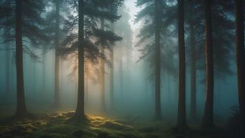 Foggy Forest with Tall Trees and Sunlight photo