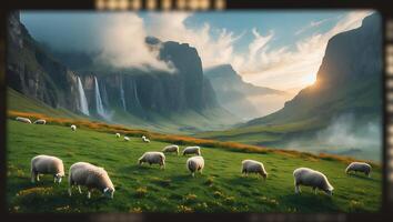 Sheep Grazing on Green Hillside with Waterfall and Mountain View photo