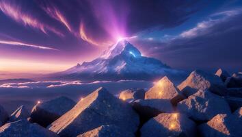 Majestic Mountain Peak with Purple Glow and Dramatic Sky photo