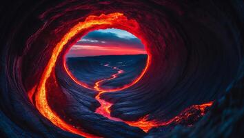 River of Lava Flowing Through Dark Landscape at Sunset photo