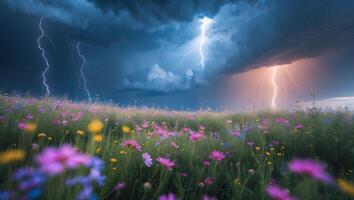 Flower Field with Lightning Storm Under Moody Sky photo