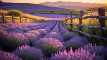 Lavender Field at Sunset with Fence and Rolling Hills photo