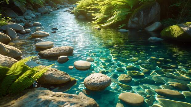 claro río fluye mediante piedras y helecho foto