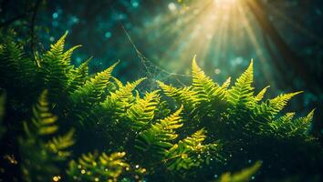 Fern Under Sunlight with Spiderweb in Forest photo