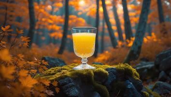 Orange Juice in Forest Setting on Mossy Rock with Sunlight photo