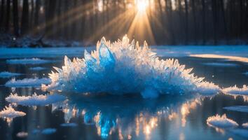 Ice Crystal on Frozen Surface Reflecting Sunlight in Winter Landscape photo