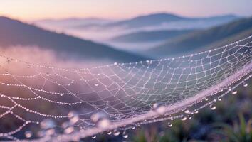 Dew Covered Spider Web in a Mountain Landscape at Sunrise photo