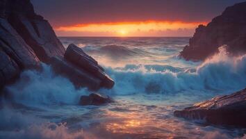 Ocean Waves Crash on Rocks at Sunset photo