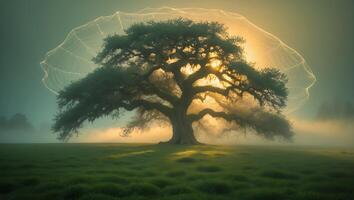 Large Tree in a Misty Field at Sunset photo