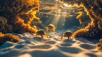 Underwater Scene of Three Crabs on Sandy Beach photo