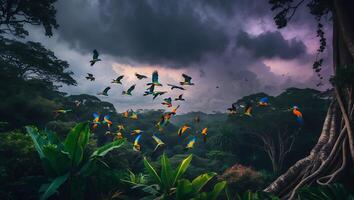 Parrots Flying Over Jungle Landscape photo