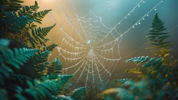 Spider Web Covered in Dew Hanging Between Ferns photo