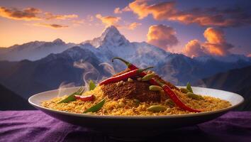 Spicy Rice with Chili Peppers and Mountains photo