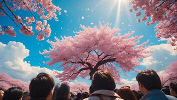 Cherry Blossom Tree Blooming Under Blue Sky with People photo