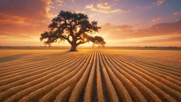 Lone Tree Silhouette in Golden Wheat Field at Sunset photo