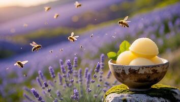 Lemon Sorbet with Bees Over Lavender Field photo