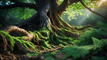 Moss Covered Tree Roots in Forest photo